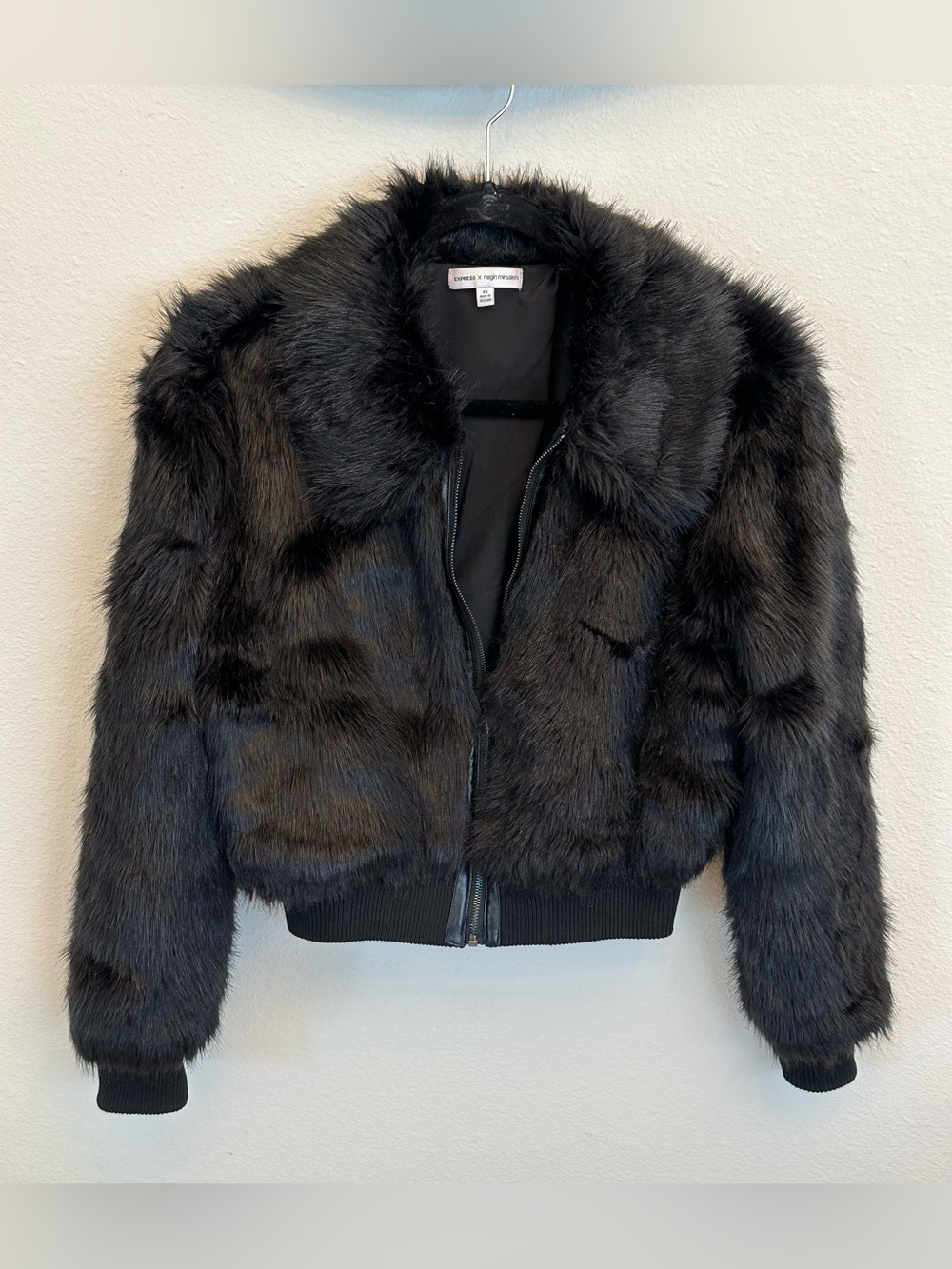 Express Black Faux Fur Bomber Jacket XS